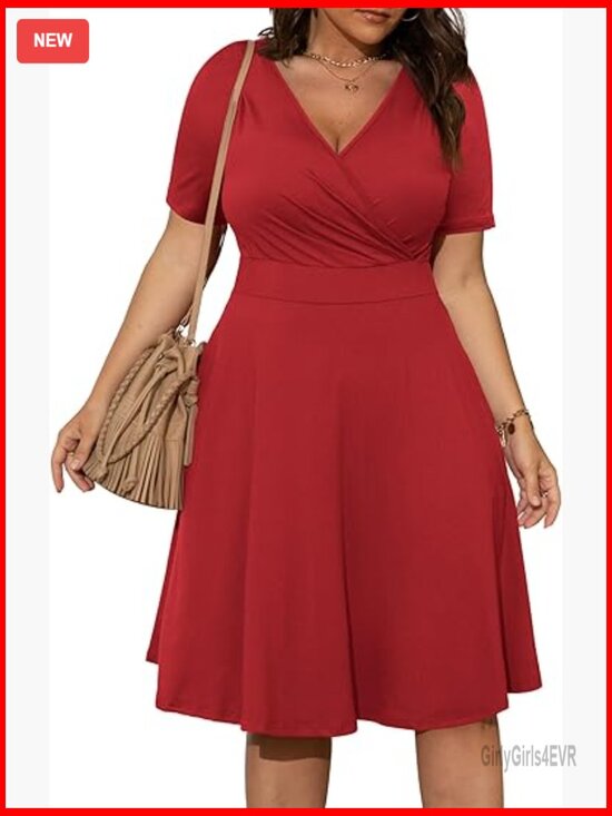 Dresses & Skirts - Plus Size Short Sleeve Wrap V-Neck Midi Dress with Pockets